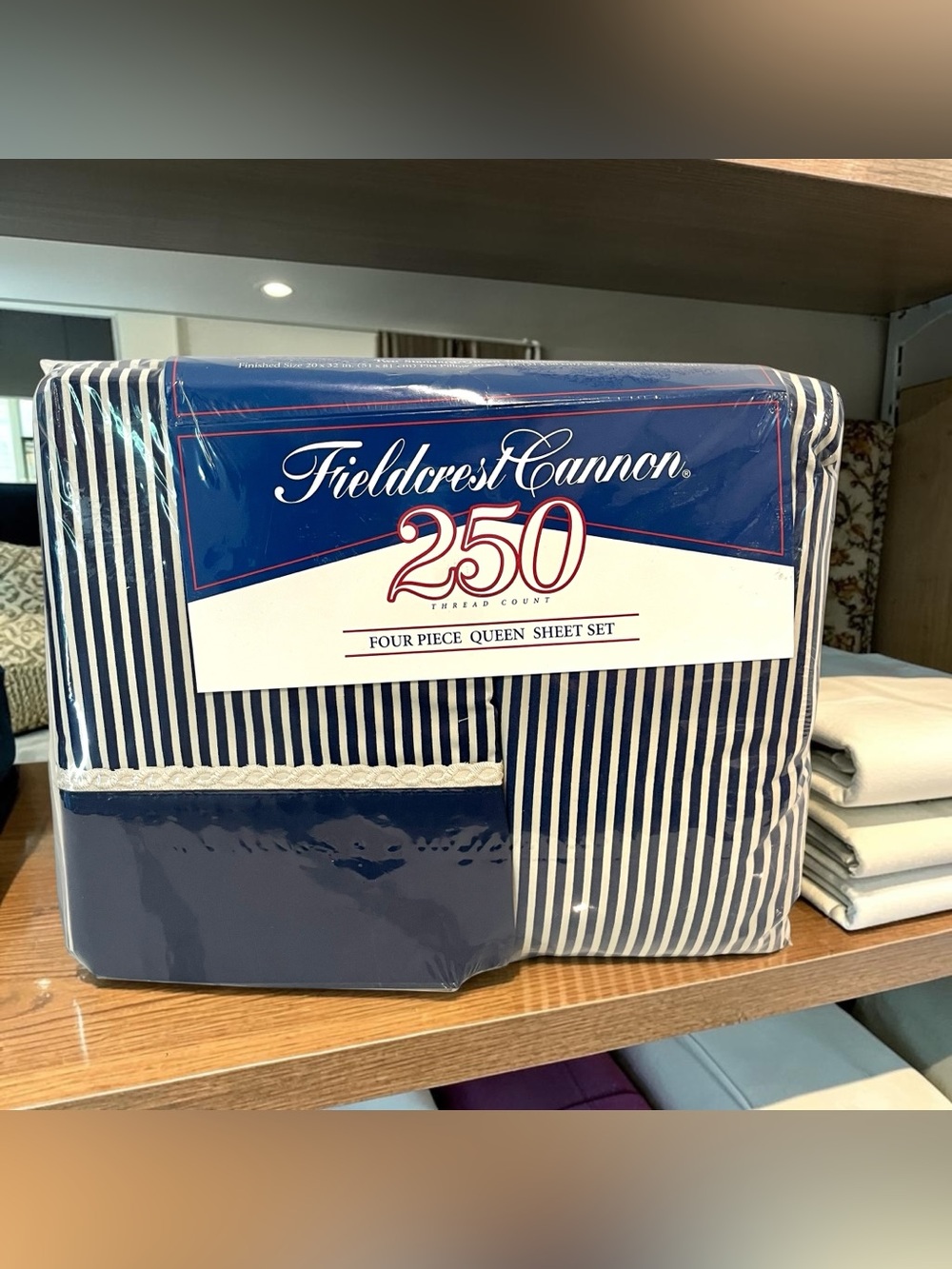 Vintage Fieldcrest Cannon Medley Stripe Queen Sheet Set NOS Blue White USA
